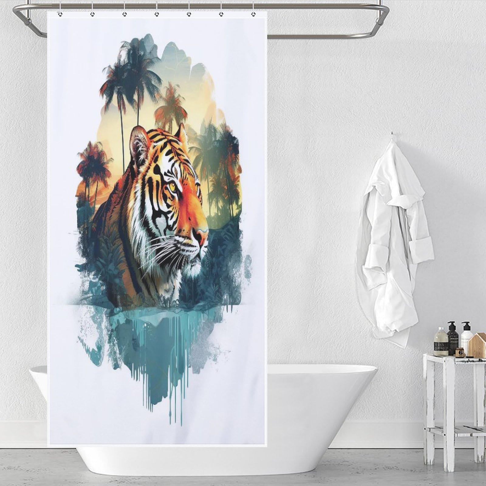 Rideau de douche tigre anti-moisissure et imperméable avec crochets