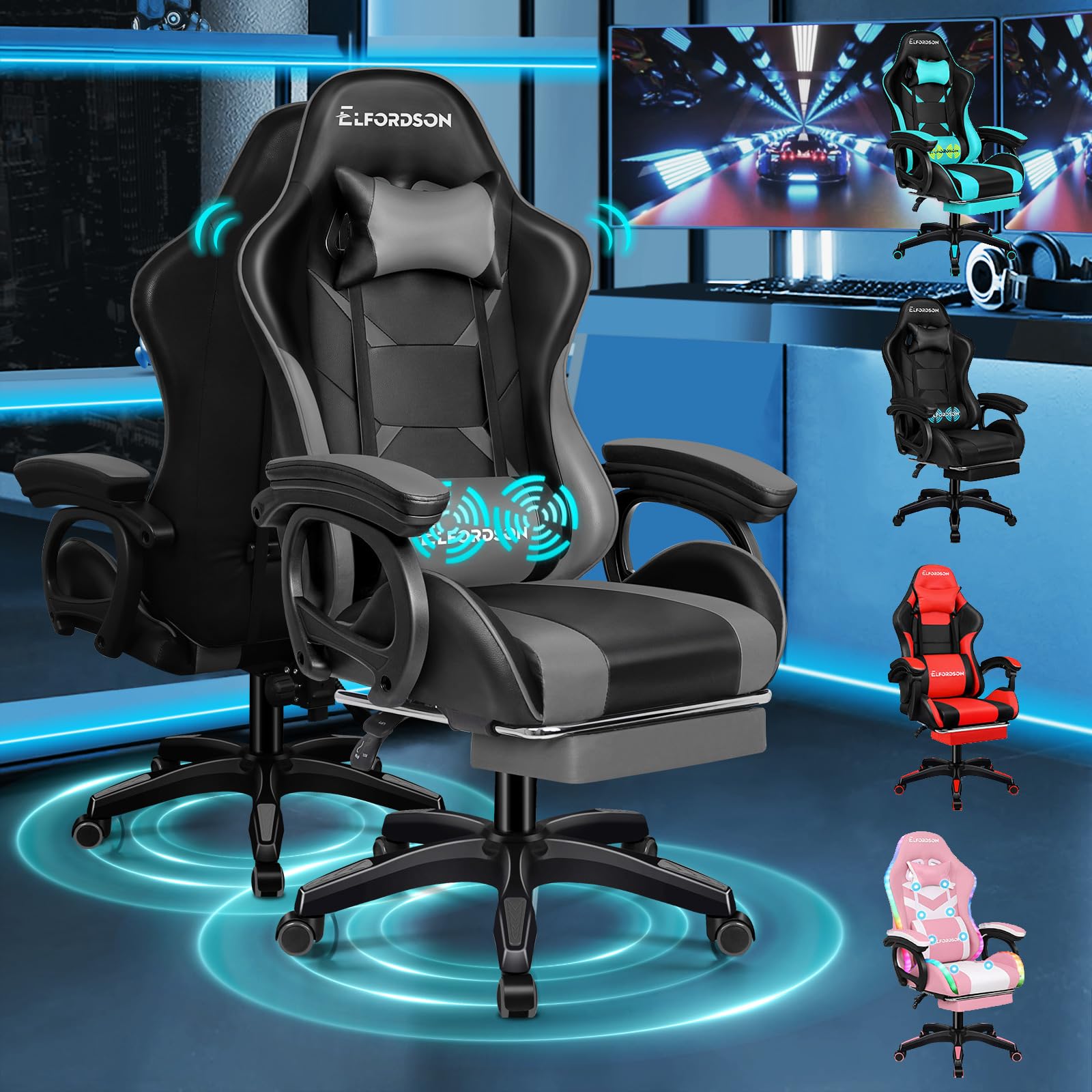 ELFORDSON Gaming Chair with 2-Point Massage Cushion, Computer Chairs for Home Office, Head Pillow High Back 150° Recliner, for Kids Adults, Grey and Black