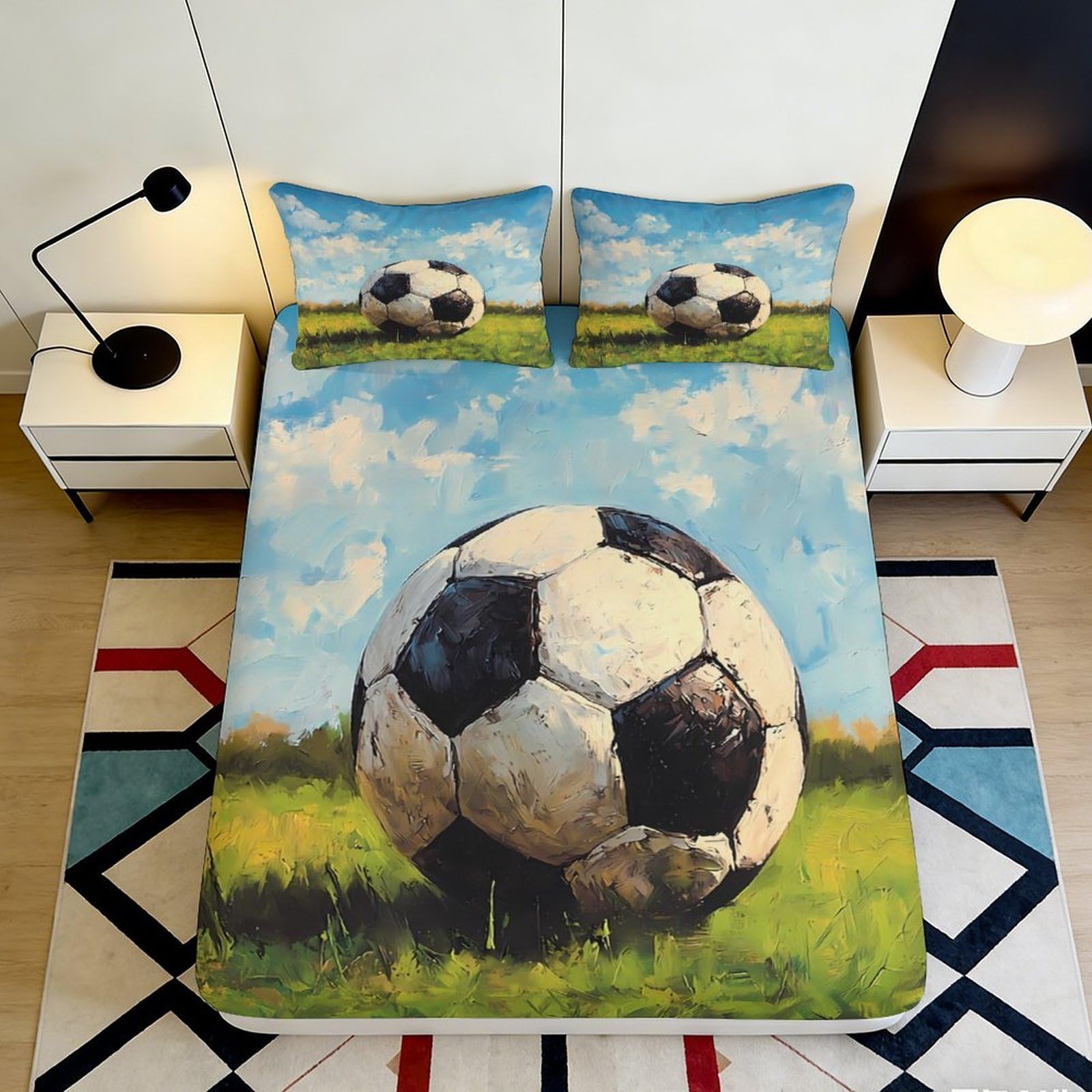3D Printed Soccer Field Fitted Sheet Microfiber Non-slip Football Bed Cover for Bedroom Dorm Easy Care Decor 90x200x25cm