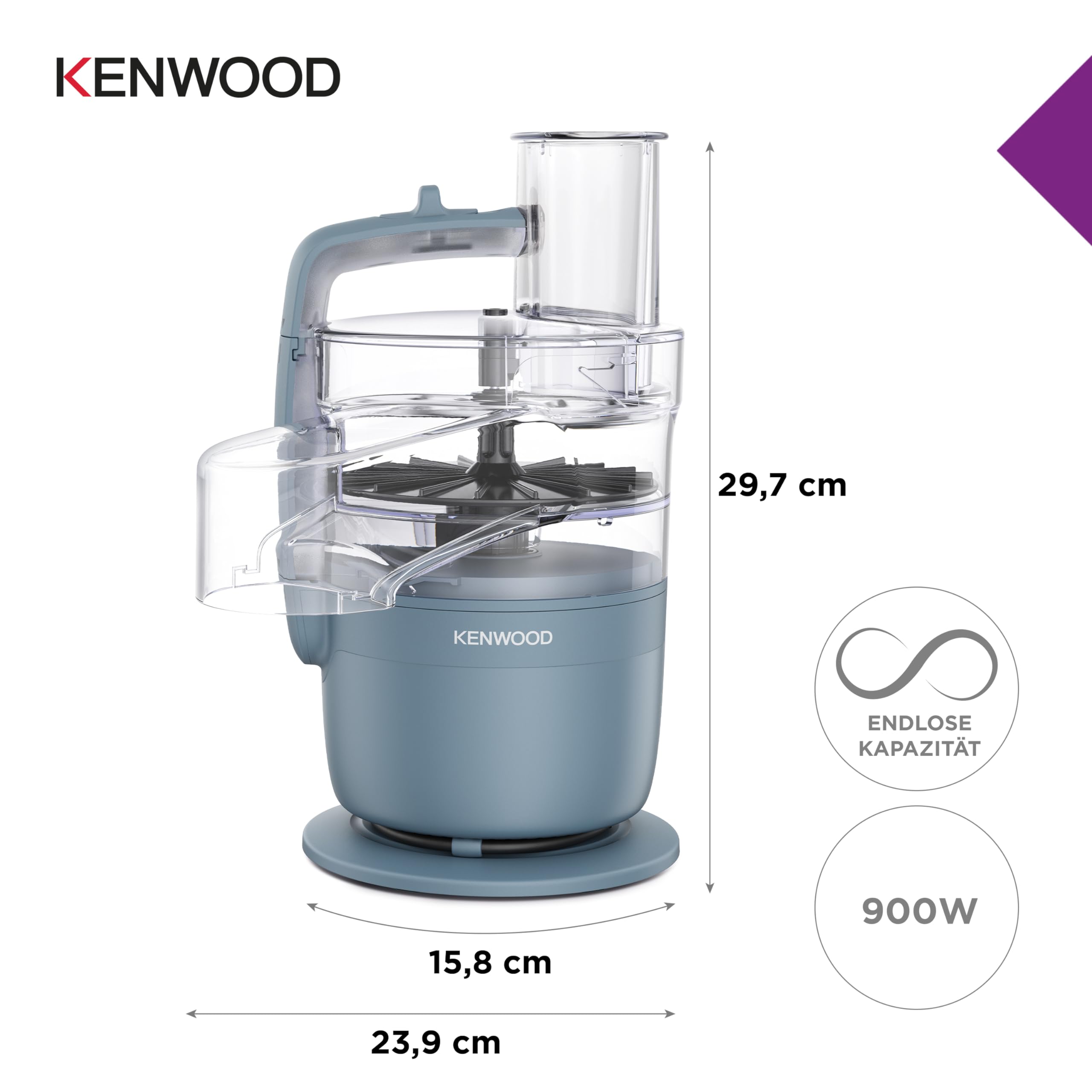 Kenwood MultiPro – Kompakte Küchenmaschine mit Express Serve, Edelstahlmesser, Schneid- und Raspelscheiben, 600-ml-Mixbecher, Pulse-Funktion, Blau (FDP23.380GY)