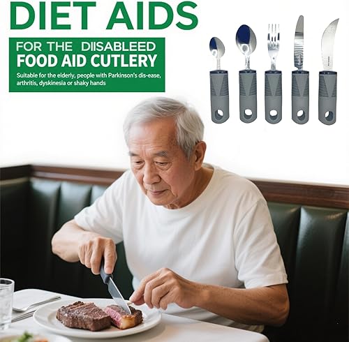 Miniatura 2 de Adaptive Utensils - Juego de 5 utensilios con peso para temblores de manos, utensilios de Parkinson de fácil agarre, asas extra anchas, utensilios