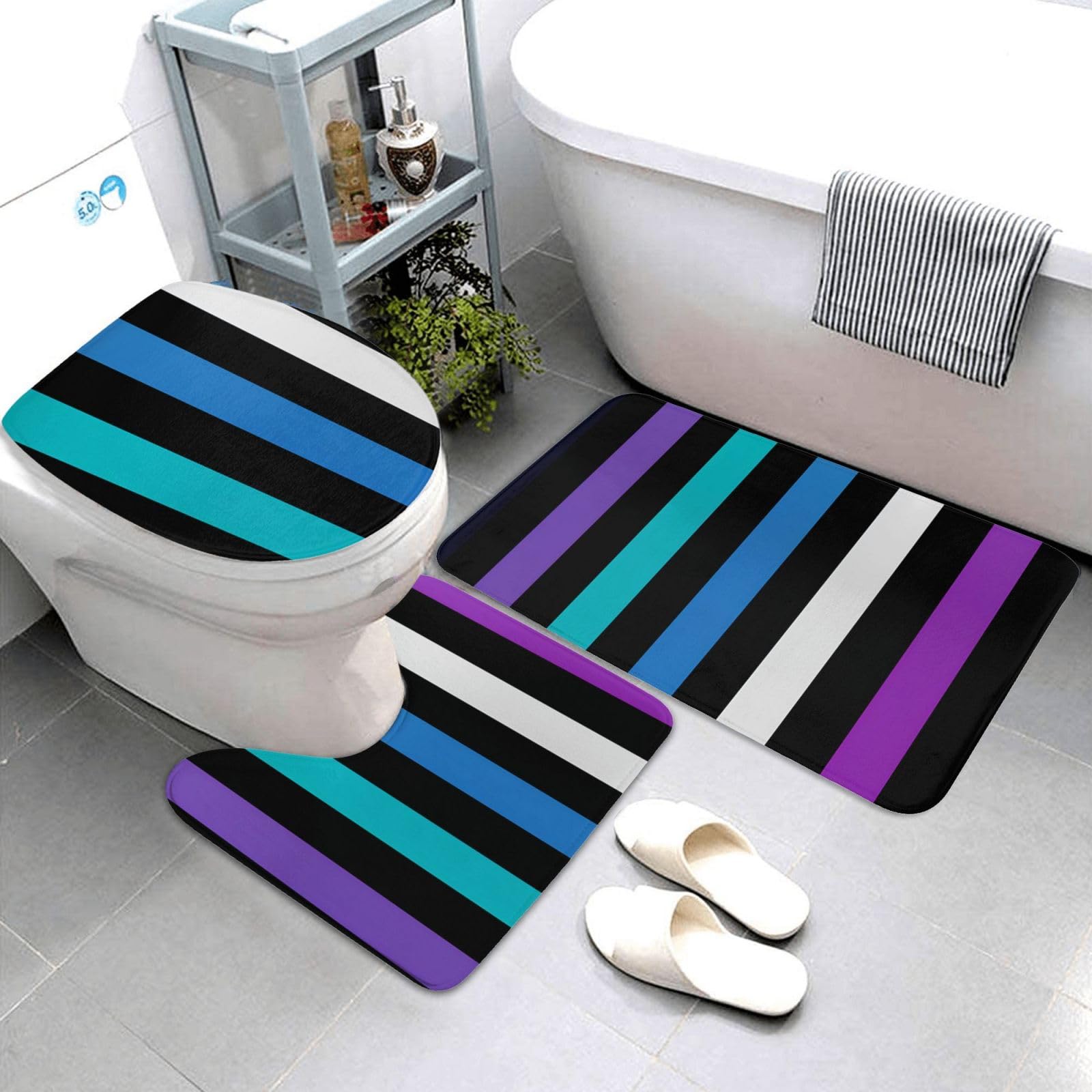 Set di 3 tappetini da bagno in flanella morbida antiscivolo a righe nere e bianche con coperchio per la decorazione della casa