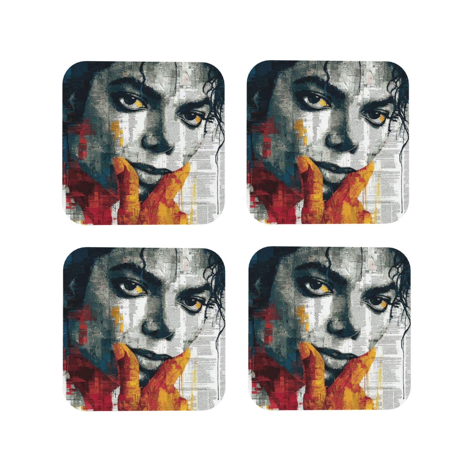 Coasters Set of 4 Round Leather Coaster Quick-Dry Drink Michael Jackson Coasters for Desk Absorbent Mugs Pads Tabletop Protection Pad Heat Resistant Coffee Cup Mat for Kitchen Bar