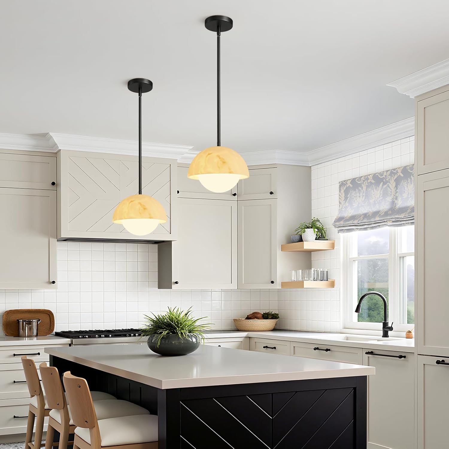 Modern Pendant Light Fixtures: 10 Inch Resin Shade Mid Century Chandelier with Milk Glass Globe - Adjustable Black Pendant Lighting for Kitchen Island