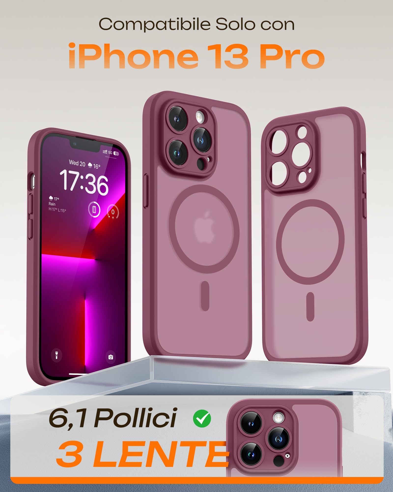 TOCOL Cover Magnetica per iPhone 13 Pro 6,1 Pollic, Compatibile con MagSafe, Protezione Fotocamera Integrata, Custodia Antiurto Traslucida Opaca, Prugna