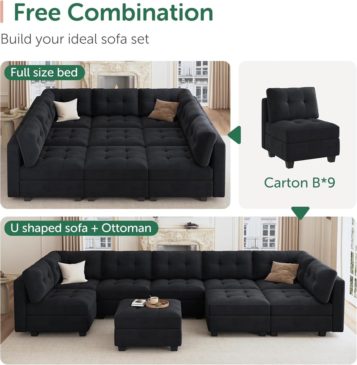 HONBAY Sectional Couch with Storage, Modular Sectional Sofa, Velvet Couches for Living Room, Black