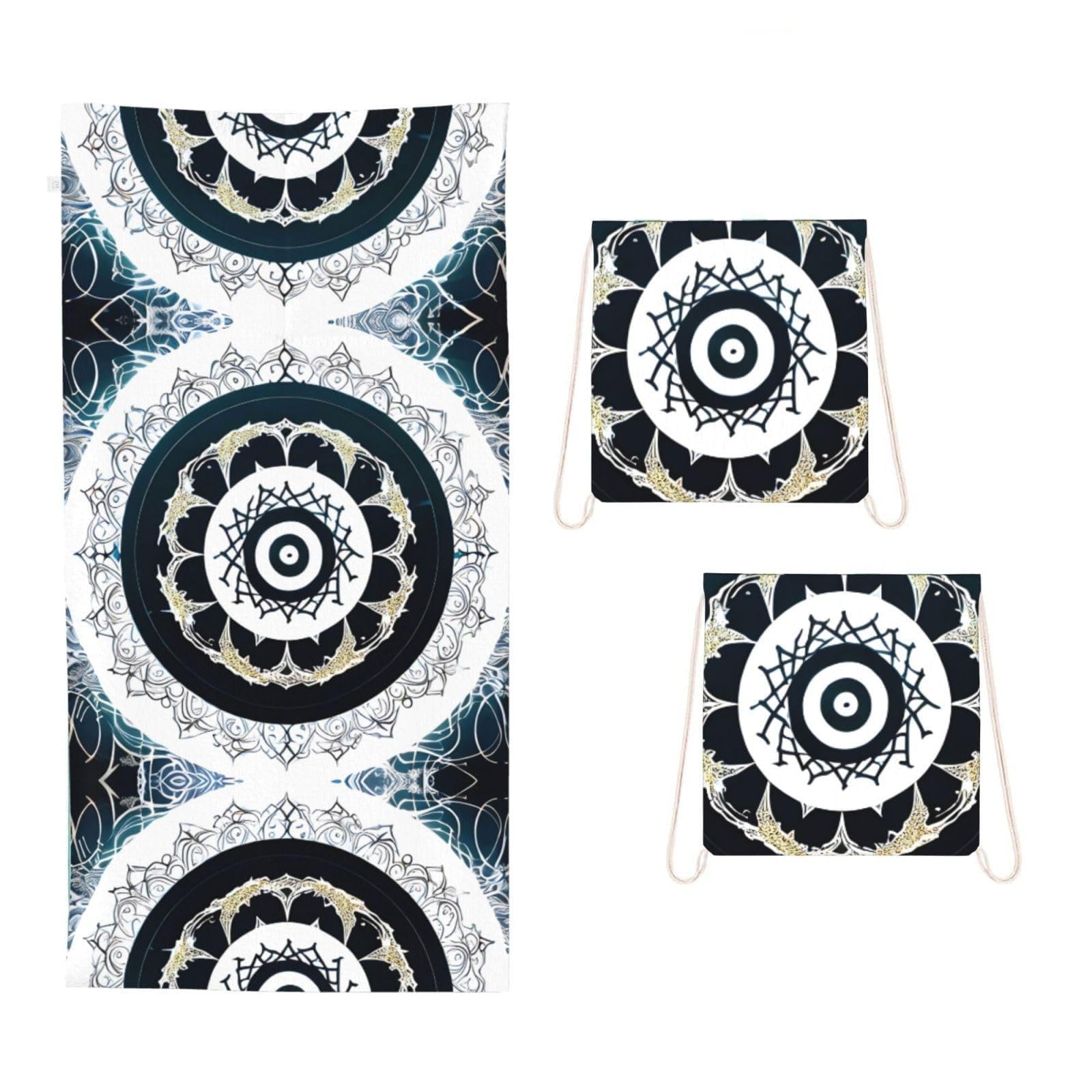CNTDBU Black and White Round Totem 2 in 1 Packable Towel Bag-Large Beach Towel with Stuff Sack, Super Absorbent Microfiber Travel Towel for Pool