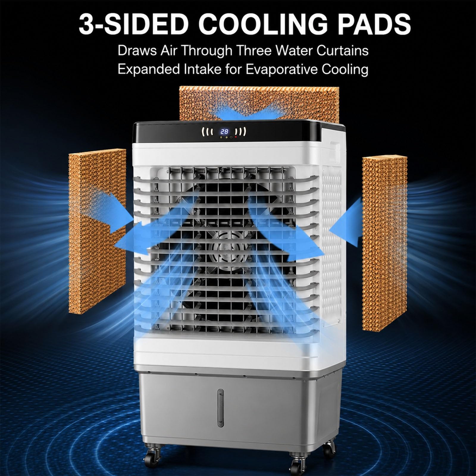 Climatizador Evaporativo Grande, 7000 m³/h con Depósito de 60 L, 8 Acumuladores de Frío, Oscilación 120°, 3 Velocidades, Mando a Distancia, Temporizador 7 h para Garaje, Patio, Hogar