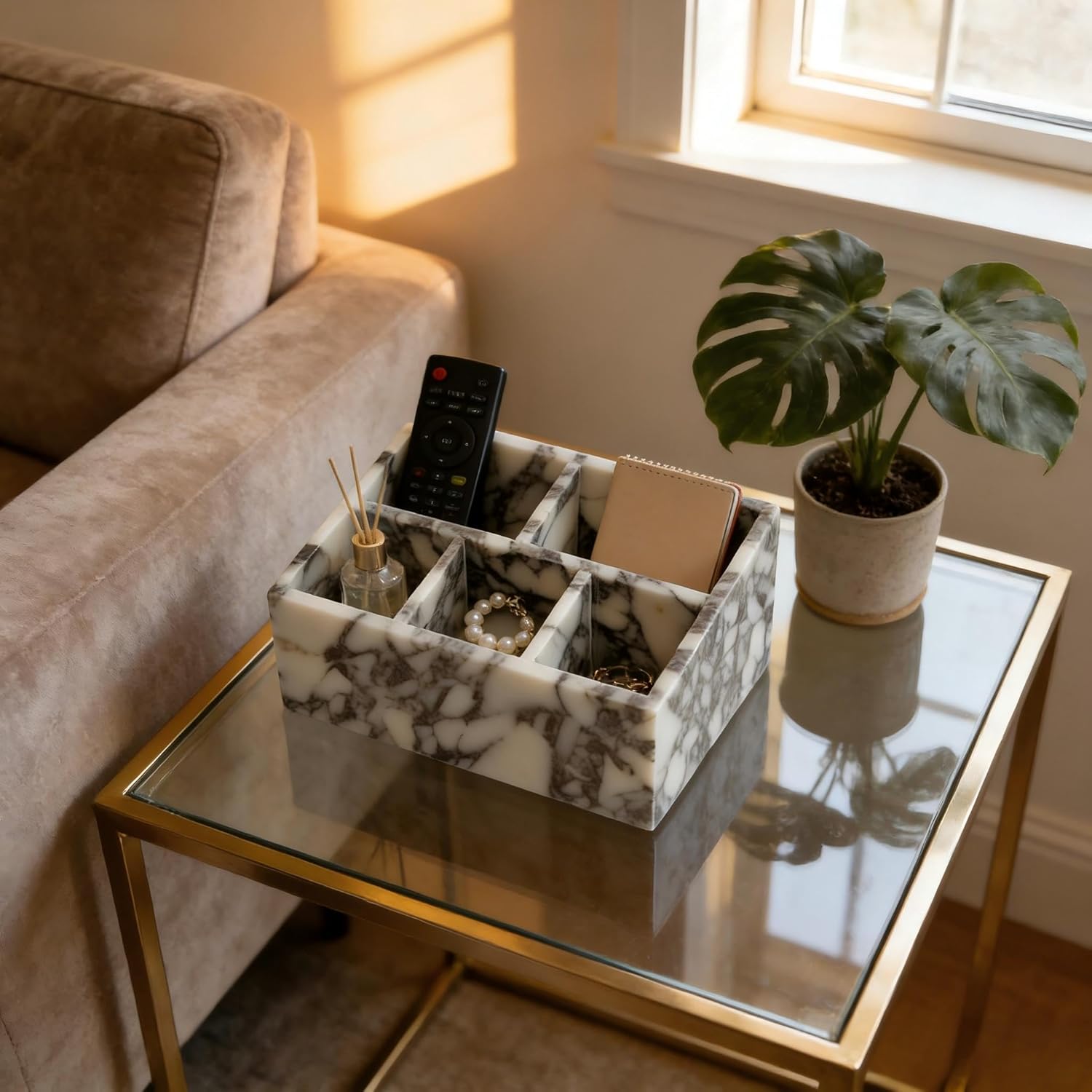 Marble Desk Organizer with 3 Compartments, White and Purple Pattern, Modern Design (White-pro)