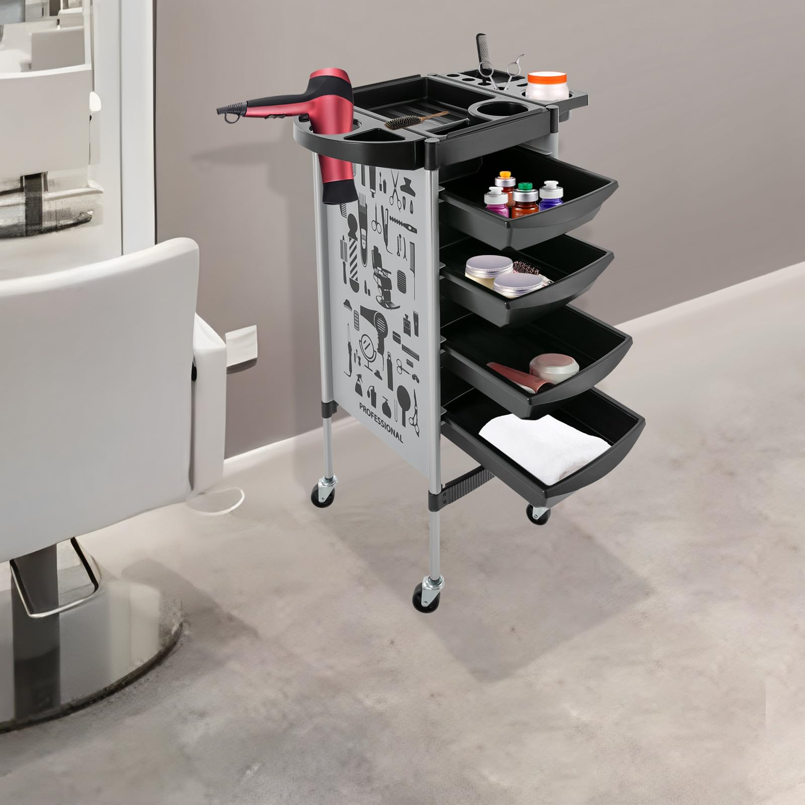 salón de peluquería esteticista profesional carrito peluquero de 5 pisos con 4 cajones 1 plegable bandeja 4 ruedas carro de salón para salón de belleza, mascotas, 52 x 38 x 88 cm (blanco)