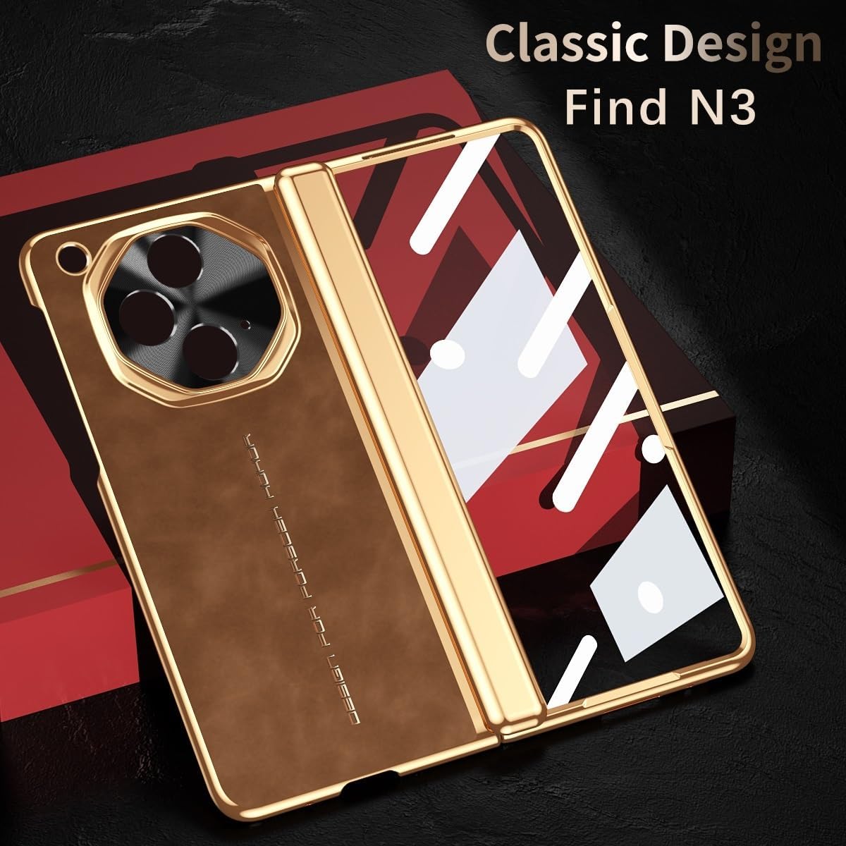 Compatible with Oppo Find N3 Case with Protector Hinge and Built-in Glass Screen Luxury Plating Protection Case PC Hard Shookproof Protector Case, Leather Case for Oppo Find N3(Rose red)