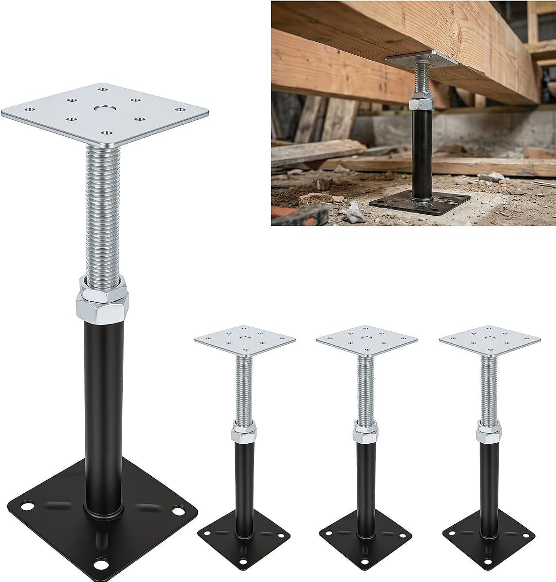 Gatos de piso de casa ajustables, gatos de viga de piso para nivelación, rango de ajuste de altura de 8 a 12 pulgadas, gatos de tornillo telescópicos para soporte temporal, capacidad de carga máxima de 5000 libras, paquete de 4