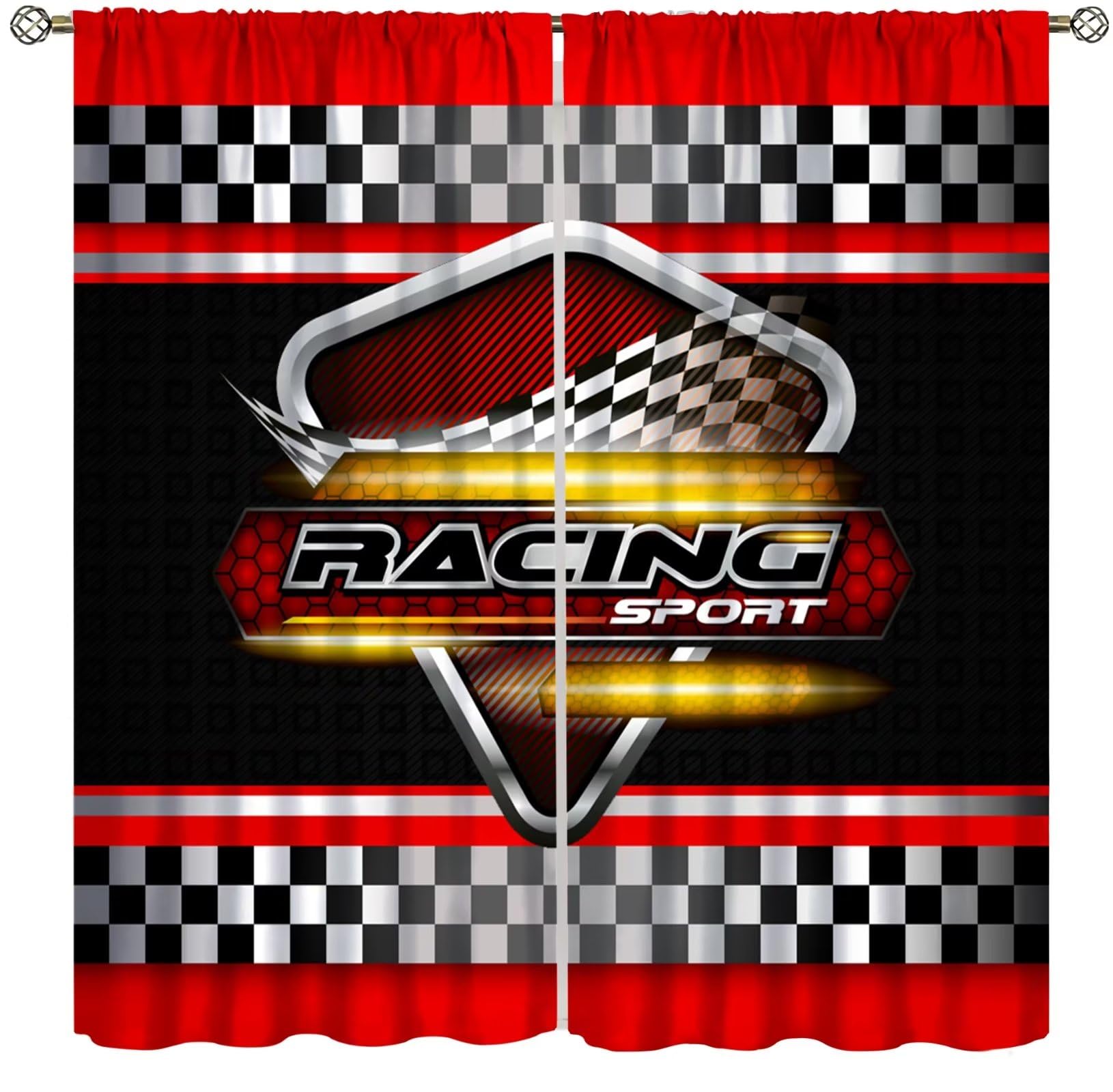 XBDDZSW Racing Car Kids Curtains Red Racing Car Flag Game Theme Racecar Badge Checkered Flag Pattern Printed Curtains for Kids Bedroom Living Room