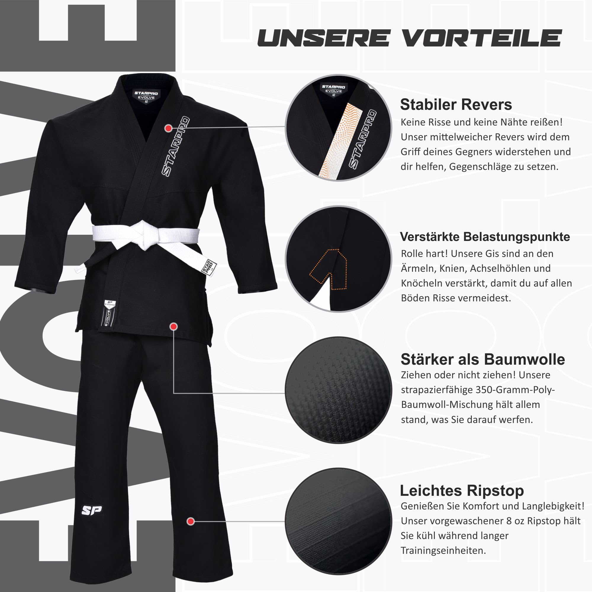 Starpro Evolve BJJ Gi 350 Gramm - Power Baumwollmischung - Weiß und Schwarz - Preshrunk Professional Martial Arts Kimono für Training und Wettkampf - Männer & Frauen