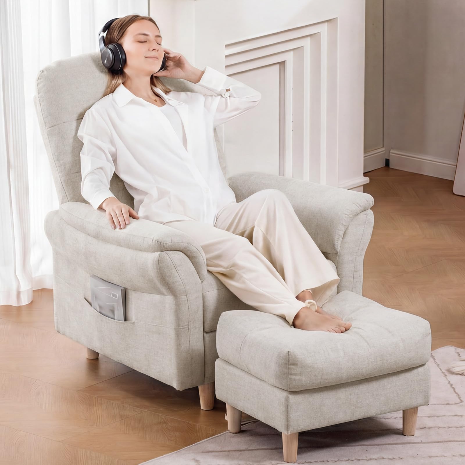 COMHOMA Fauteuil de Relaxation, Fauteuil Inclinable avec Tabouret, Dossier 4 Niveaux Réglable, Poche latérale, Fauteuils Rembourré Sac à Ressorts Simple Salon Chambre Cinéma, Chenille, Beige