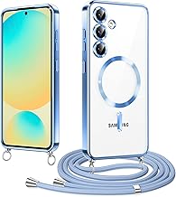 Magnetic Case with Cord for Samsung Galaxy S24 FE 5G, Compatible with MagSafe, Electroplated Magnetic Case with Adjustable Collar Lanyard, Shockproof Case for Samsung S24 FE, Blue
