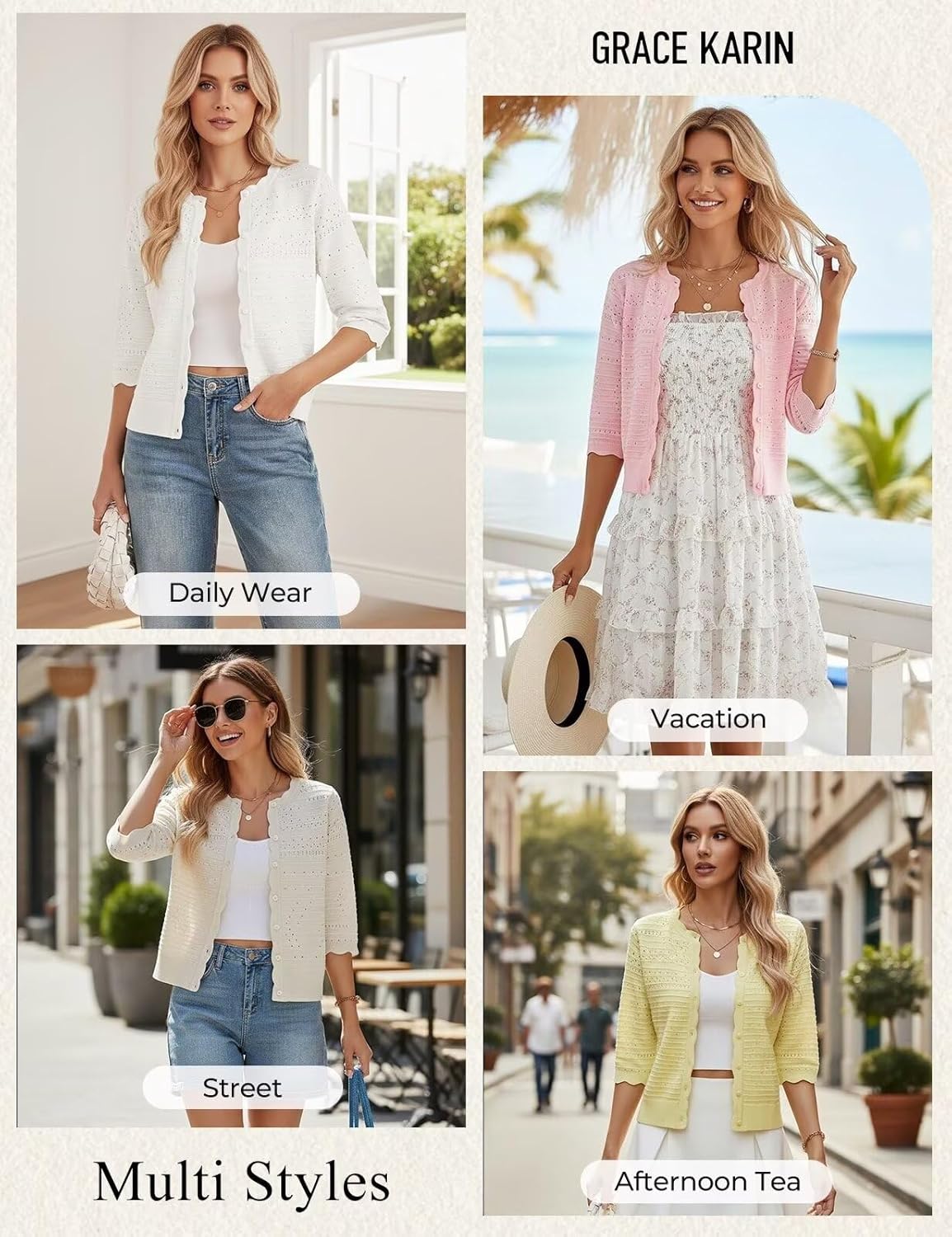 GRACE KARIN Womens 3/4 Sleeve Cardigan Sweater, Lightweight Cropped Cardigan Trendy, Dressy Casual Crochet Bolero Shrugs - Image 7