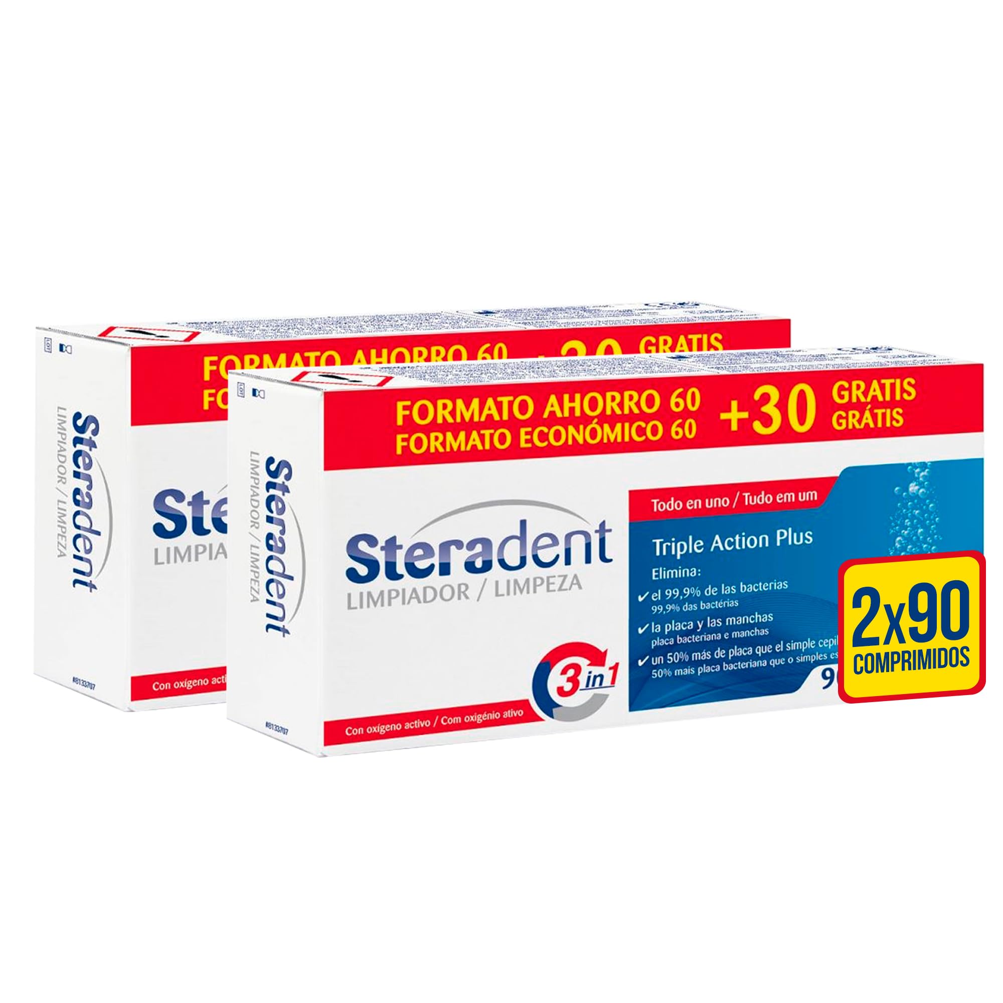 Steradent - Comprimidos limpiadores de prótesis dentales Triple Action Plus - 60 + 30 x2