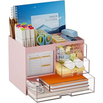 Marbrasse Desk Organiser with 3 Drawers Pen Holder with Large Capacity for Desk Office Organiser with 4 Compartments and Accessories for Office Home and School Pink
