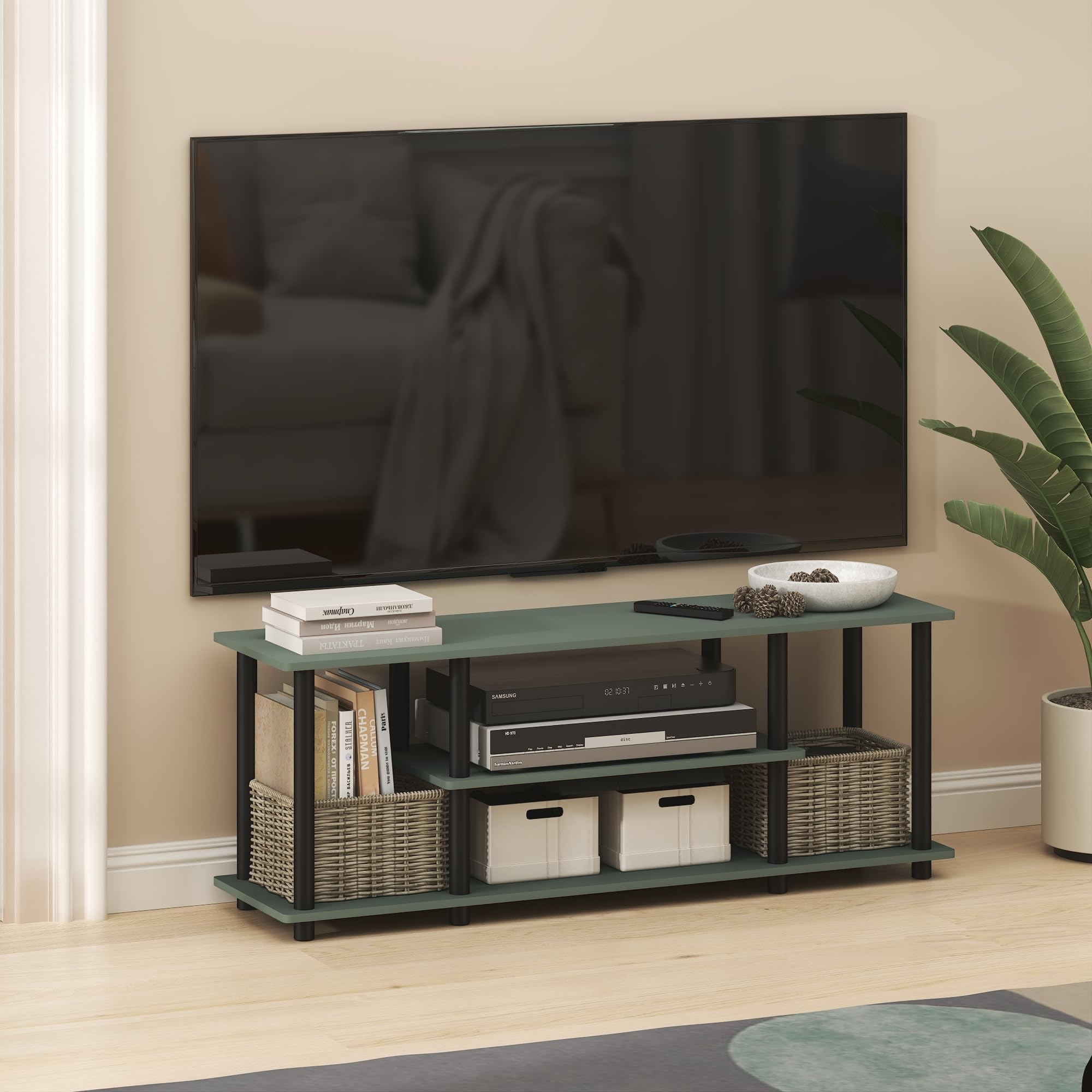 Meuble TV Furinno Turn-N-Tube à 3 niveaux vert sauge pour salon