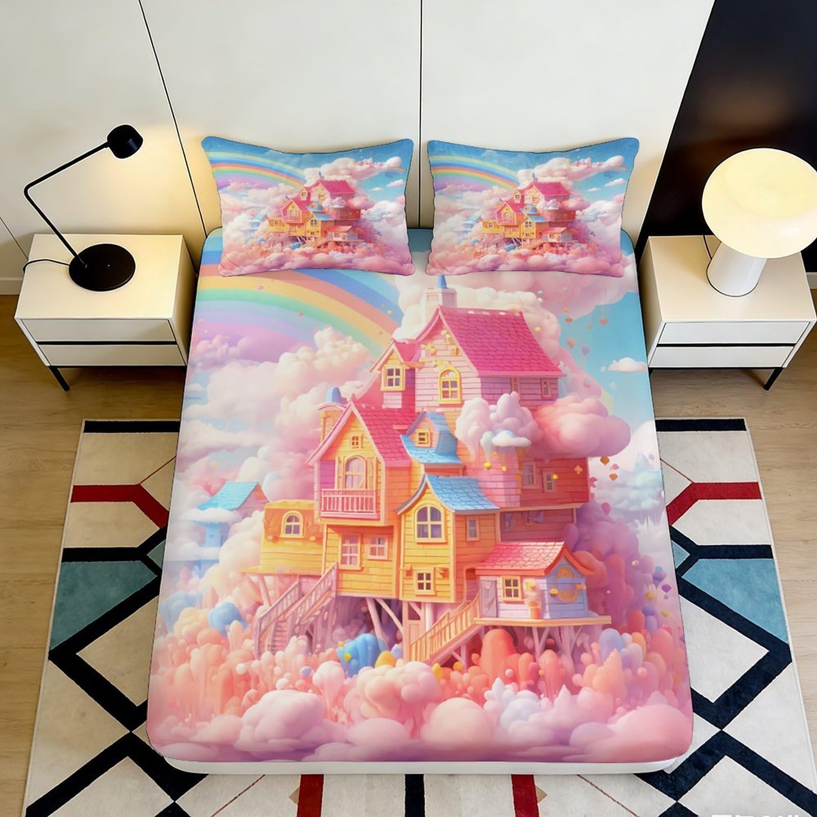 3D Printed Fantasy Cloud Rainbow Fitted Sheet Microfiber Bedroom Bedding Set Deep Pocket Fantasy Cloud Mattress Fitted Cover for Adults 90x200x25cm
