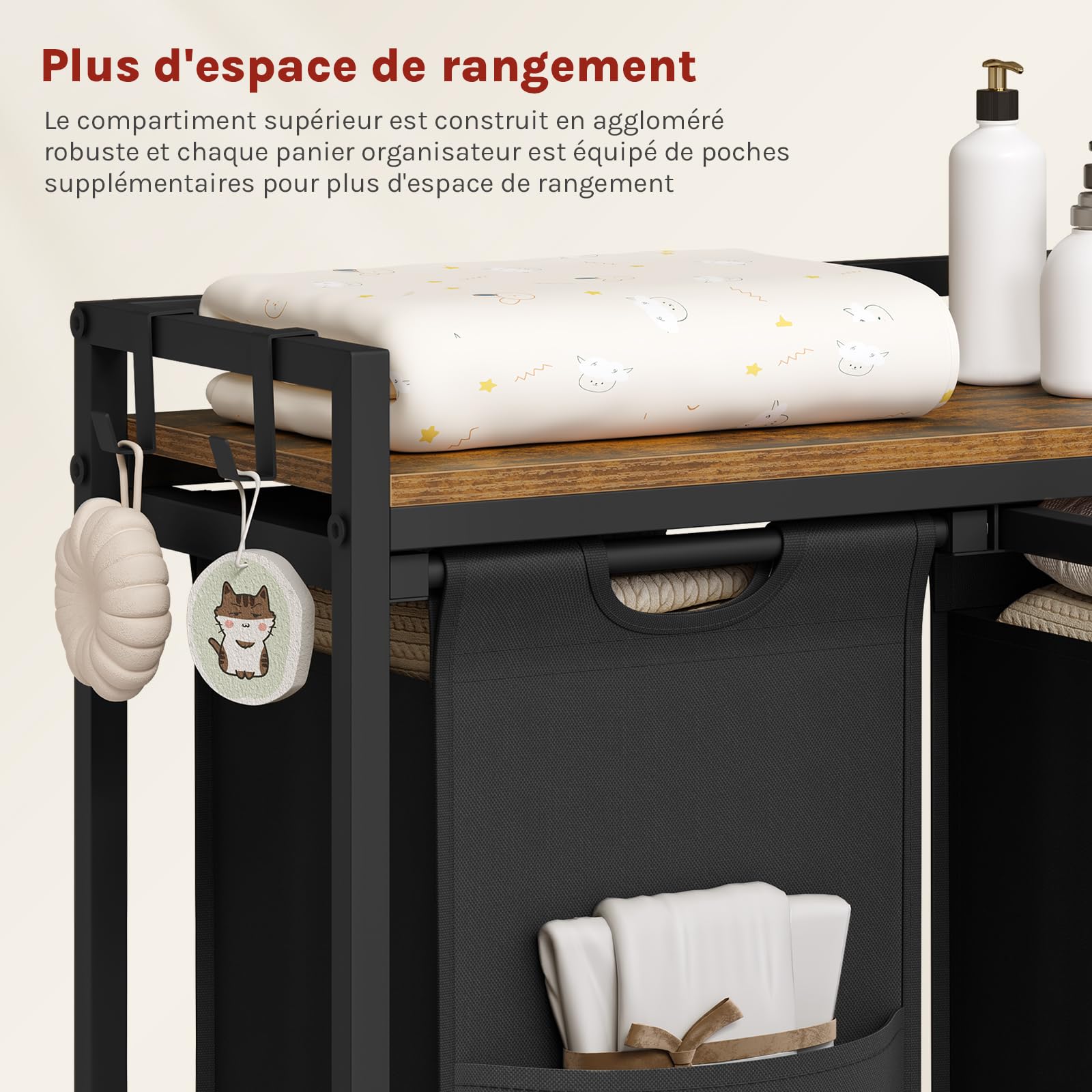 WOLTU Panier à Linge 2 Compartiments, 40L/Panier, avec Étagère, Sac à Linge en Tissu Oxford Amovible, Cadre en Métal, Marron Rustique+Noir