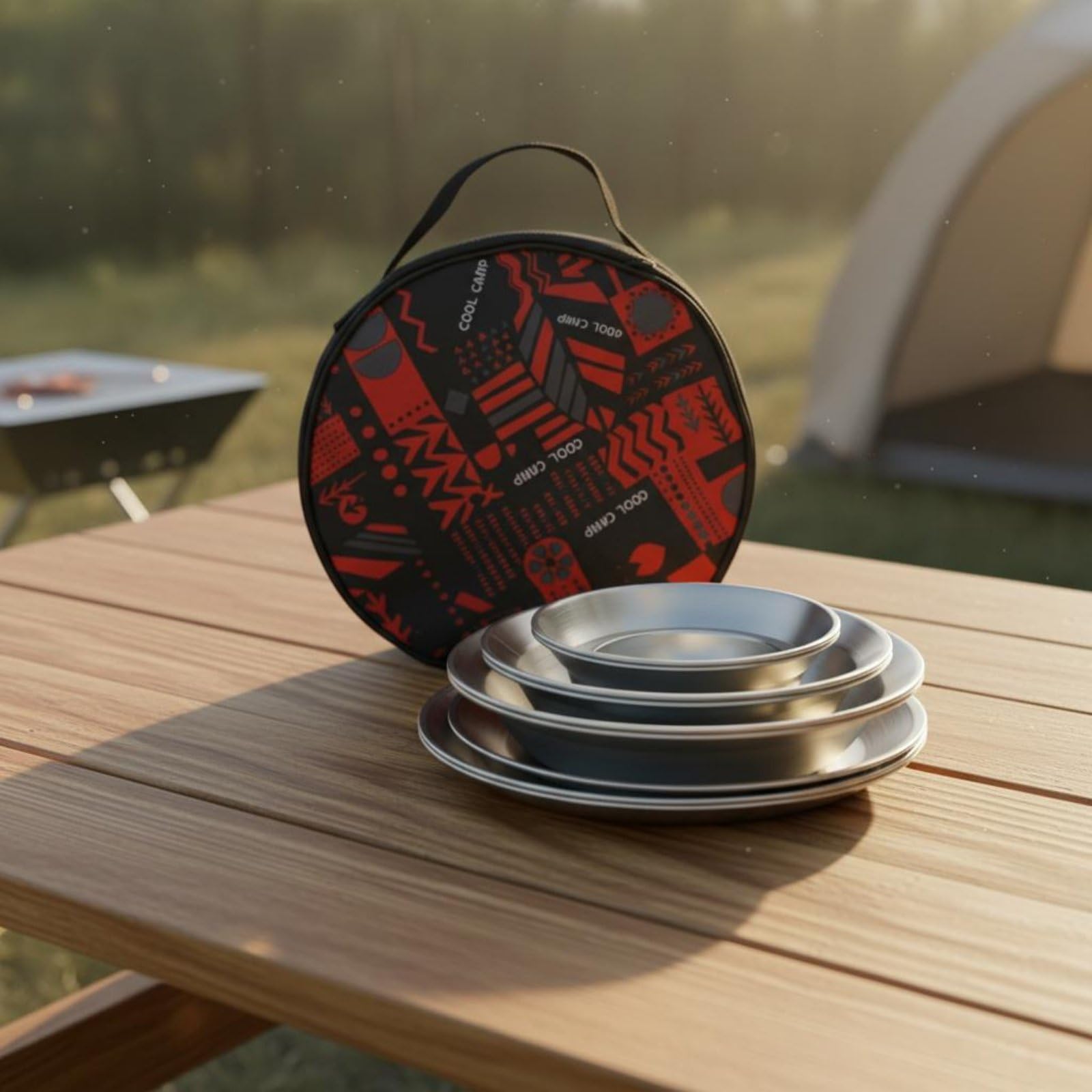 12 Pieces Vaisselle Camping en Acier Inoxydable Rond Ensemble Repas Randonnée Portable Set Couverts Plein Air