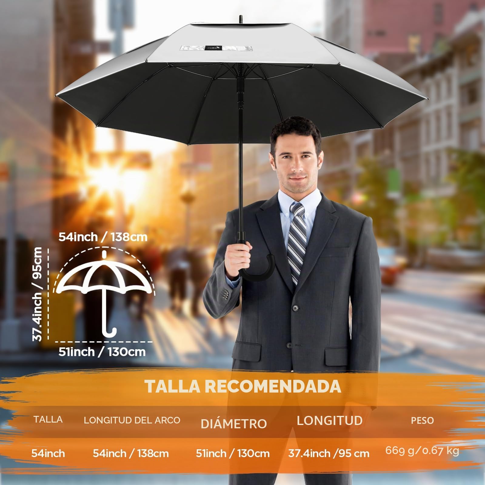 ZOMAKE Paraguas Golf Grande 54 Inch- Paraguas Proteccion UV Con Mango En J,Paraguas Golf Antiviento Auto-Abrir,Paraguas Trekking Para Mujeres Embarazadas Ancianos Y Niños(Plata Y Negro)