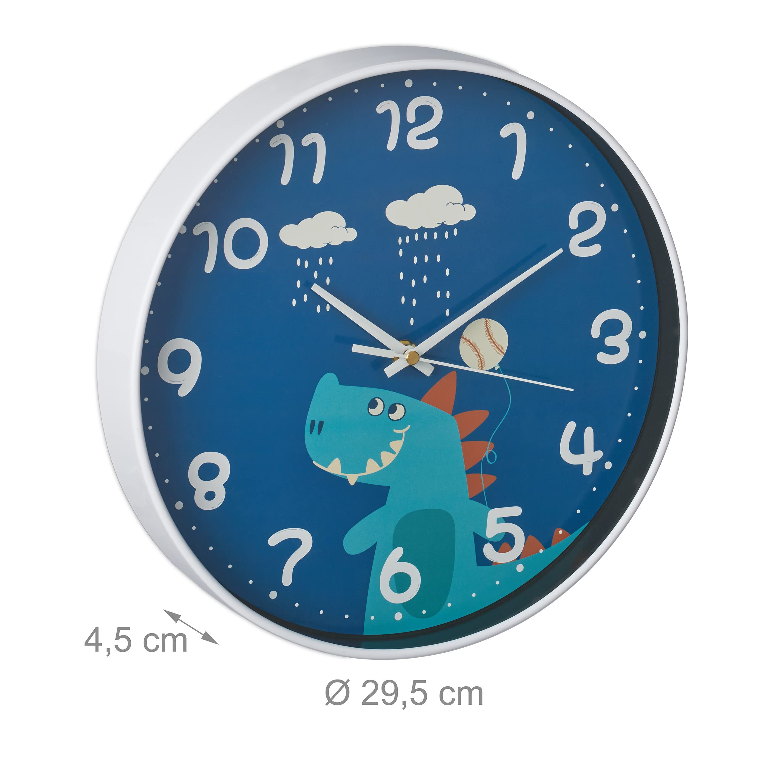 Relaxdays Zegar ścienny z dinozaurami, Ø 29,5 cm, zegar dinozaur dla dzieci, zegar do pokoju dziecięcego, dla chłopców i dziewczynek, zegar dziecięcy ścienny, niebieski