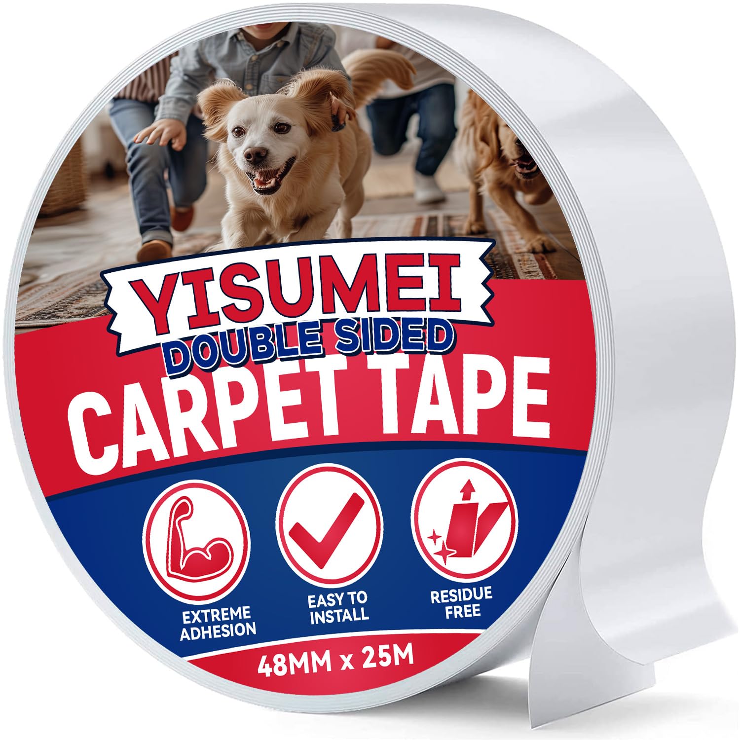 YISUMEI 48mm x 25m Double Sided Carpet Tape Heavy Duty Extra Strong - Non Slip Rug Tape Secures Rugs & Mats,Grid Gripper Tape Removable，Ideal for Home & Professional Use