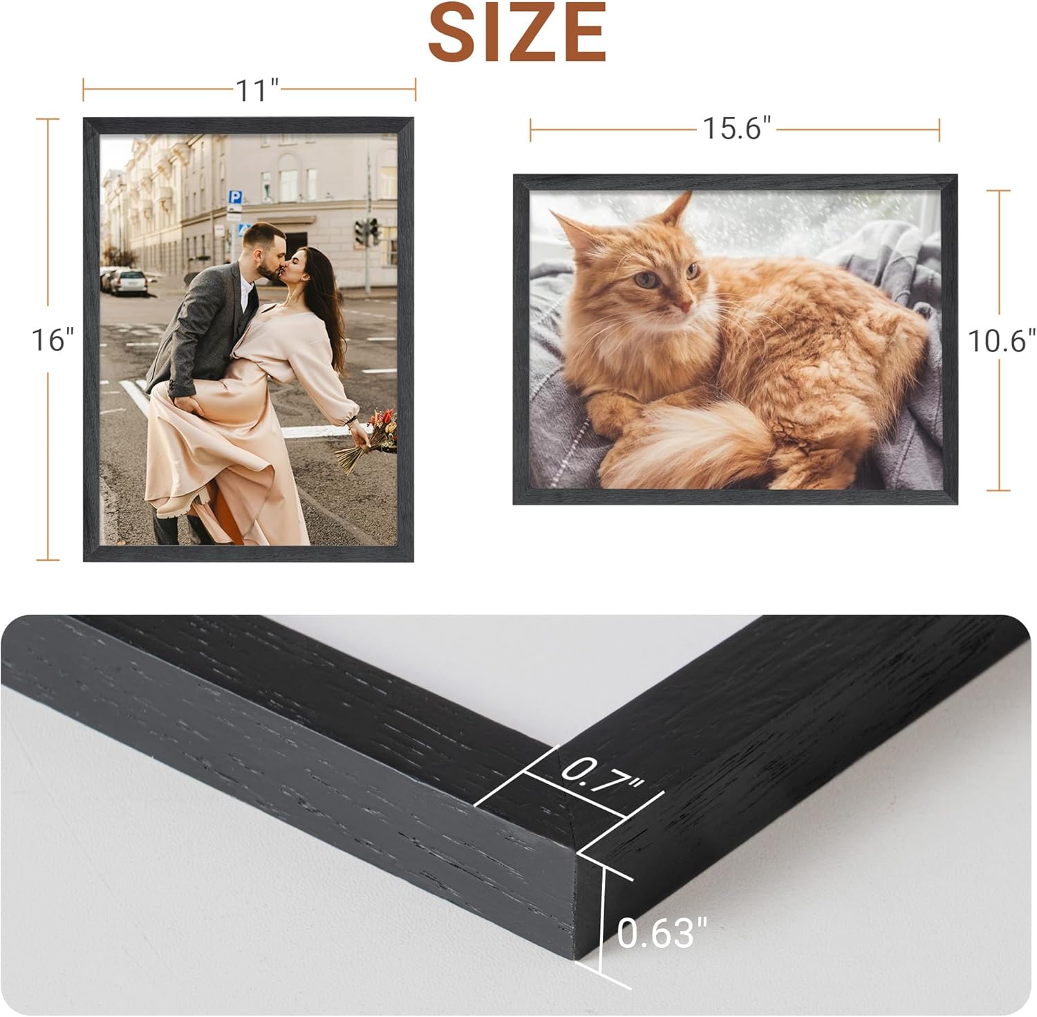 Vivelove 11x16 Picture Frames, Natural Solid Oak Wood Picture Frames with 2.0mm Tempered Real Glass, Wall or Tabletop Display for Graduation Family Birthday Document, No Mat, Black