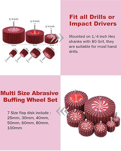 Miniatura 4 de Rocaris - Paquete de 14 ruedas de pulido con solapa de 7 tamaños, vástagos de 1/4 de pulgada para todos los taladros, 80 granos
