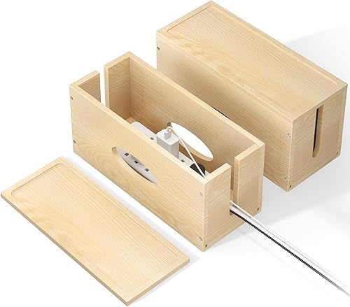 Paquete de 2 cajas grandes de madera de pino, organizador de cables, cubierta organizadora de cables, ocultadores de salida de piso para cables de
