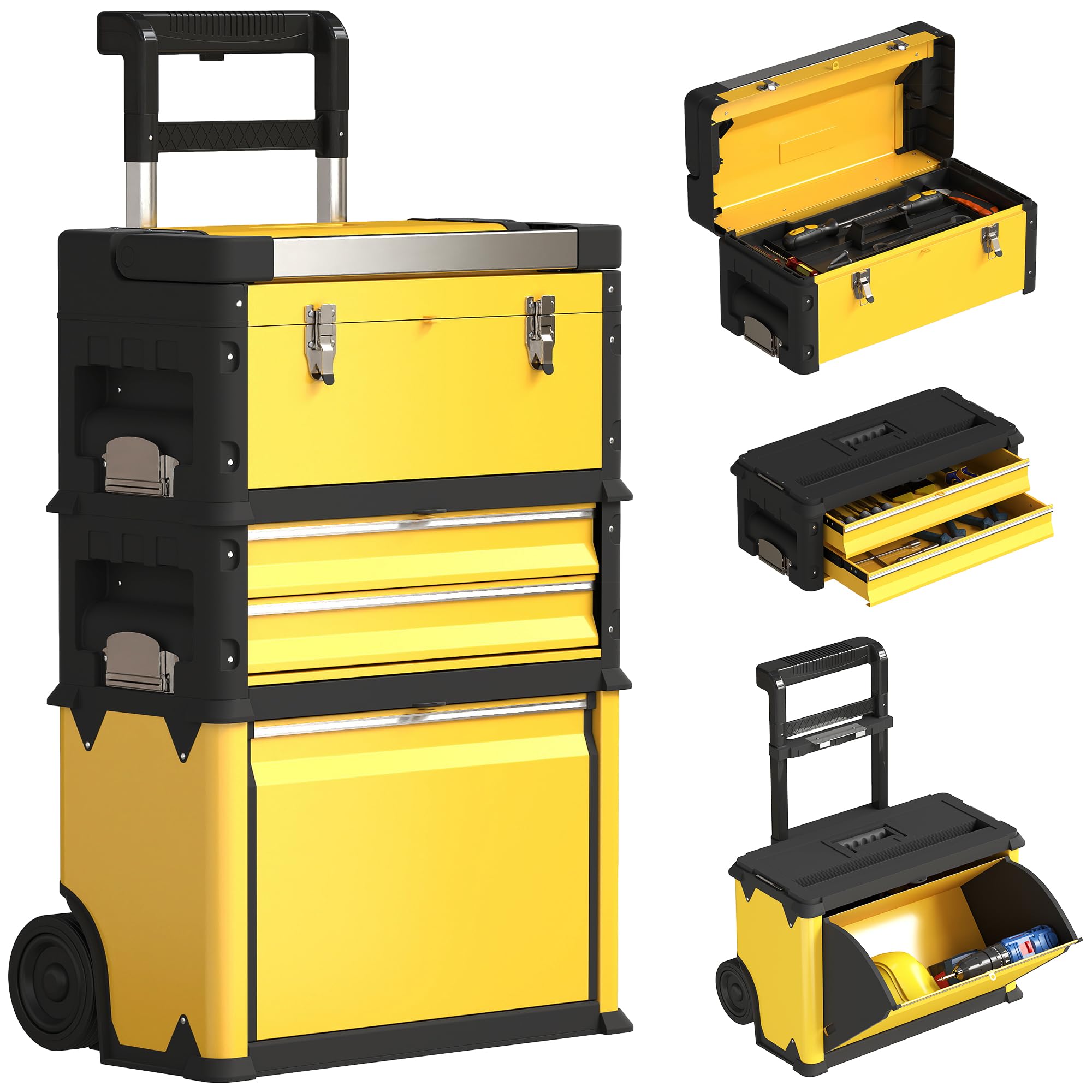 HOMCOM Tallar Móvil Apilable 3 en 1 Caja de Herramientas con Ruedas Carro de Herramientas de Acero con Bandeja Mango Telescópico Amarillo y Negro