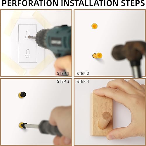 Miniatura 4 de Paquete de 4 ganchos de madera para pared, de madera natural, ahorro de espacio, sin daños, adhesivos para entrada, dormitorio, puerta de cocina,