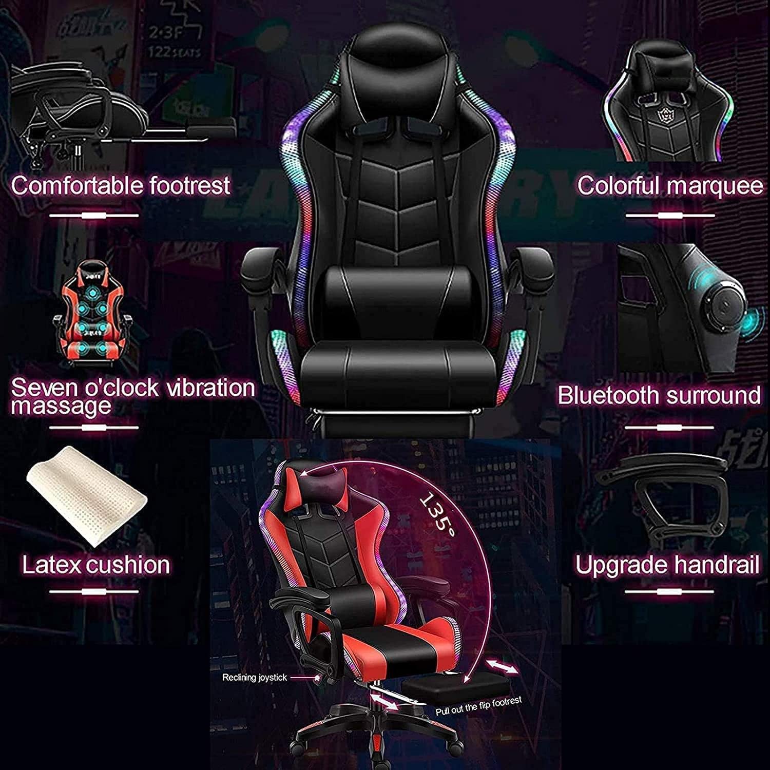 Krzesło dla graczy, krzesło dla graczy, z podnóżkiem, ergonomiczne krzesło dla graczy z głośnikami i światłem LED, masaż wysokim oparciem, krzesła do gier wideo, skóra PU, wygodny komputer