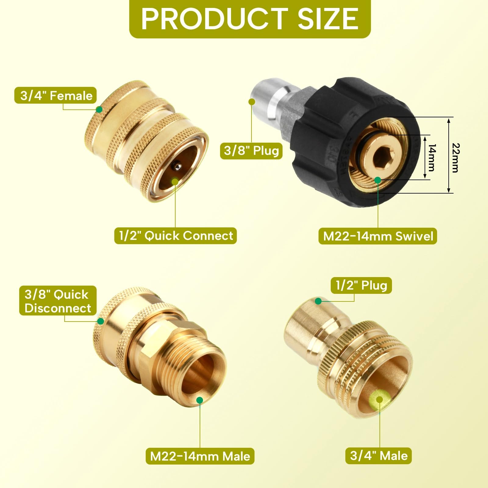 ENNSOO Pressure Washer Quick Connect Fittings, Washer Adapter Set, Set Quick Connect Kit with M22 14mm to 3/8 Inch Hose Adapter, 3/4