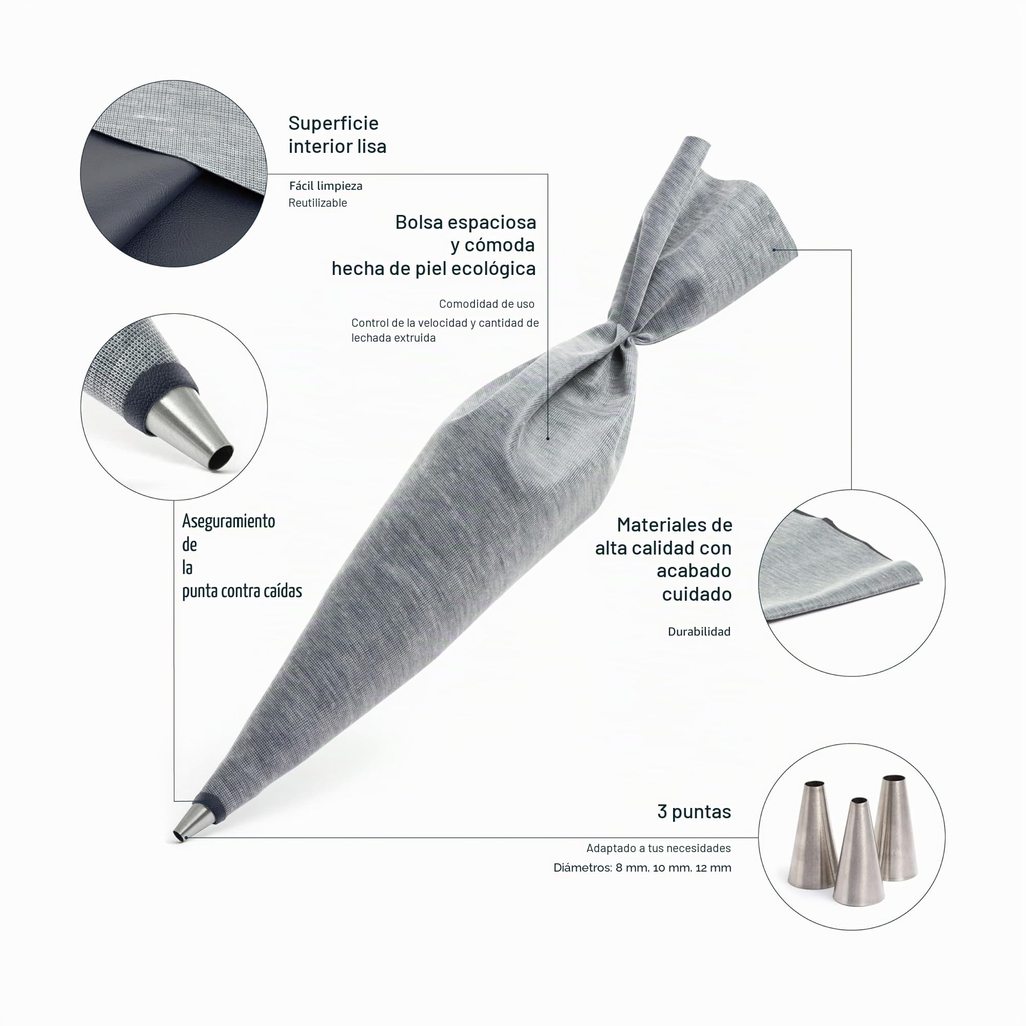 COMENSAL® Bolsa de Mortero - Aplicador Mortero Juntas - Herramienta para Albañile - 3 Puntas Metálicas Intercambiables 8, 10, 12 mm - Made EU