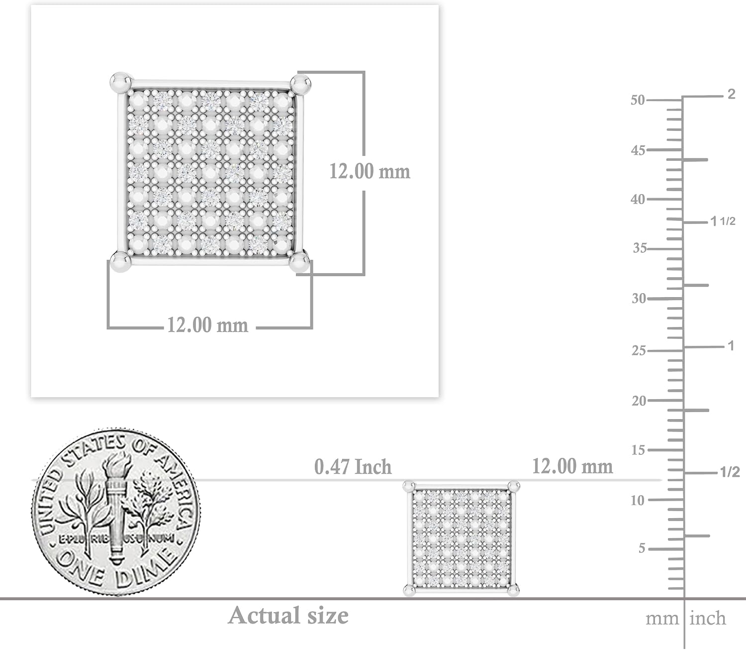 Dazzlingrock Collection 0.35 Ctw Round White Natural Diamond 12mm Hip Hop Square Iced Out Studs in 925 Sterling Silver, Unisex Design Ladies,Mens Real Natural Diamond Earrings