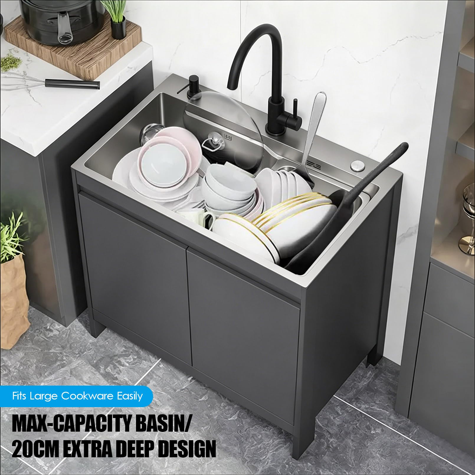 Lavello da Esterno Nero 68cm con Mobiletto, Lavandino da Giardino Freestanding in Acciaio Inox con Sifone e Accessori, Per Giardino, Garage, Lavanderia e Cantina