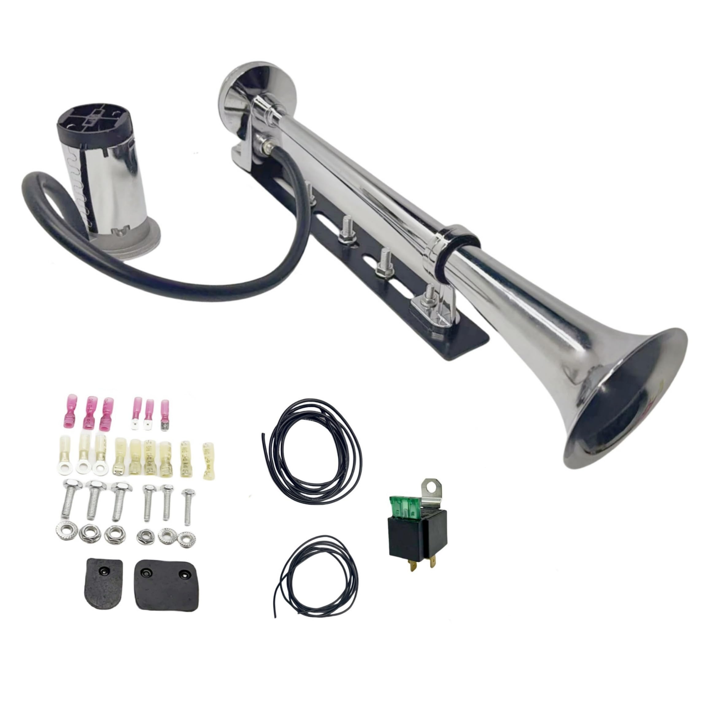 Bocina de aire para coche, cuerno de camión, diseño innovador y accesorios ajustables, altavoz fuerte, 150 dB, plateado, cromo, zinc, trompeta individual con compresor para coche de 12 V