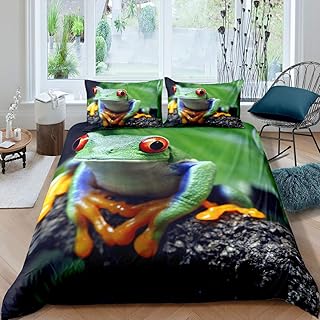Erosebridal Red Eyed Frog Bedding Set Little Tree Frog Comforter Cover Set Full Size Kids Frog Family Duvet Cover Cute Animal Theme Comforter Cover, Children Room Decorative, Black Green
