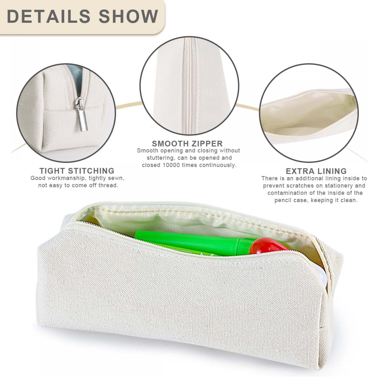 SenseYo 2 Pack Cute Pencil Case Bag with Smooth Zipper Small Canvas Pen Pouch Storage Organizer for Stationery Cosmetics Electronics Classroom Office Travel (Beige) image 4