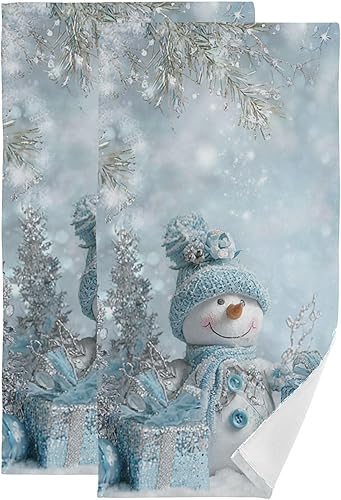 Pfrewn Juego de 2 toallas de mano con diseño de muñeco de nieve de invierno, conos de pino de copo de nieve, color azul, toalla de baño de Navidad