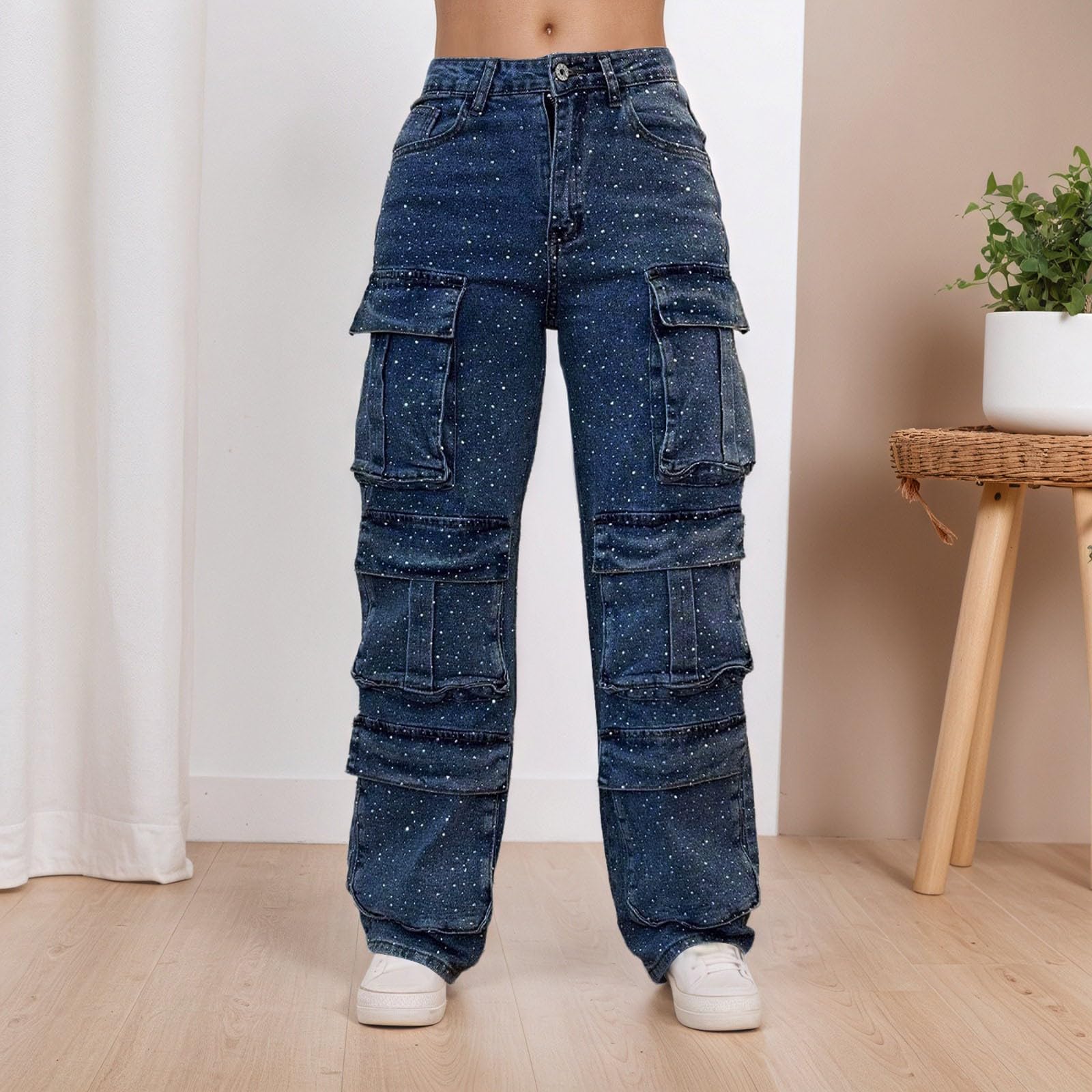 Generisch Jean sarouel pour femme avec strass, jambes larges, coupe droite, strass, taille haute, coupe ample, coupe ample, dégradé de couleur diamant