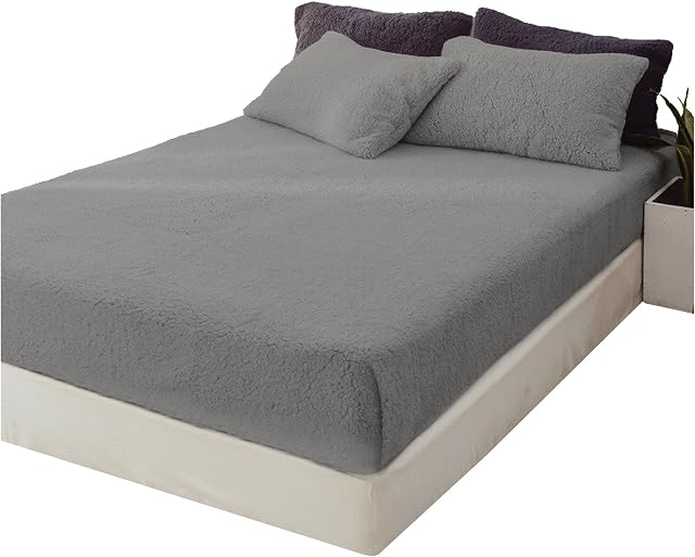 Lions Teddy Fleece Fitted Sheet King Size - Premium Super Soft Teddy Bear Sherpa Fleece Bed Sheets, Extra Deep, Warm and Cosy, Anti-Allergy, 100% Polyester, silver