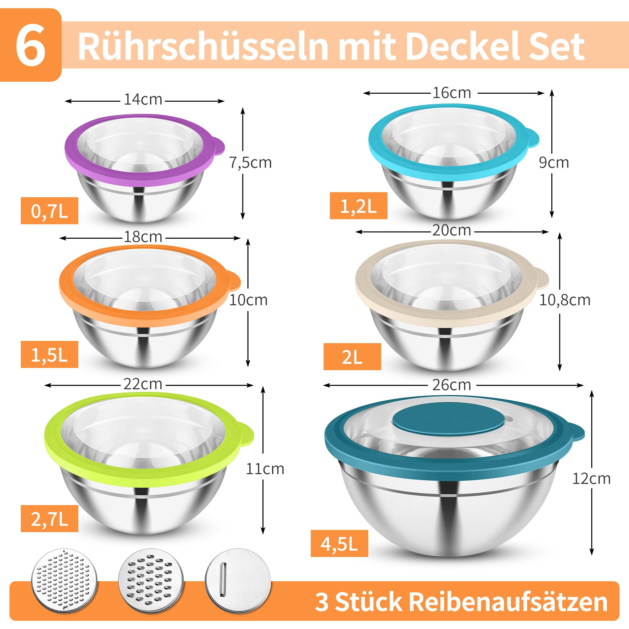 Joyfair Juego de 6 cuencos de acero inoxidable con tapa transparente y 3 accesorios para rallador, 4,5 L, 2,7 L, 2 L, 1,5 L, 1,2 L, 0,7 L, ensaladera para cocinar, apilable y apto para lavavajillas