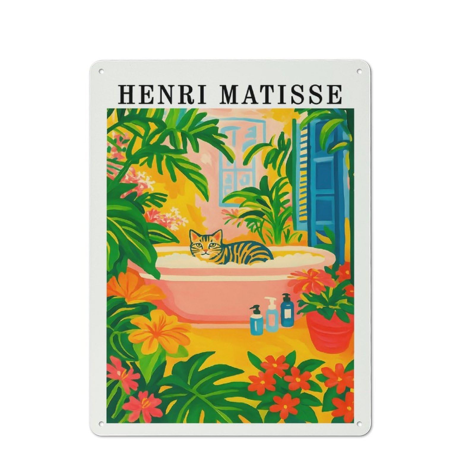 Modern Vintage Henri Matisse Style Cat in Bathtub Office Metal Sign 40x30cm, Creative Space Decor for Hobby Room, Office, Lounge Or Living Room