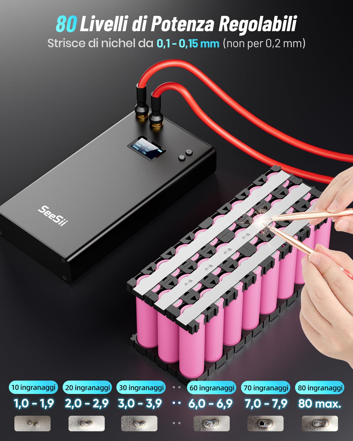 Seesii Saldatore a Punti, SE-203 11000mAh Saldatrice a Punti per Batterie LCD 80 Ingranaggi Regolabili, Spot Welder Portatili per 2 Fogli di Nichel da 5 m