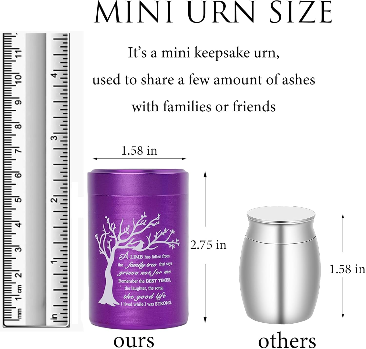 Small Urns for Ashes - Set of 4，2.7 inch Aluminium Mini Urns, Cremation Urns for Human Ashes, Ashes Holder, Small Keepsake urns-A Limb has Fallen from The Family Tree, Purple